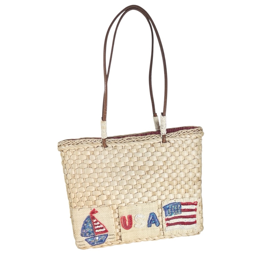 USA Woven Straw Tote Bag with Sequin USA Flag Sailboat Design and Leather Straps